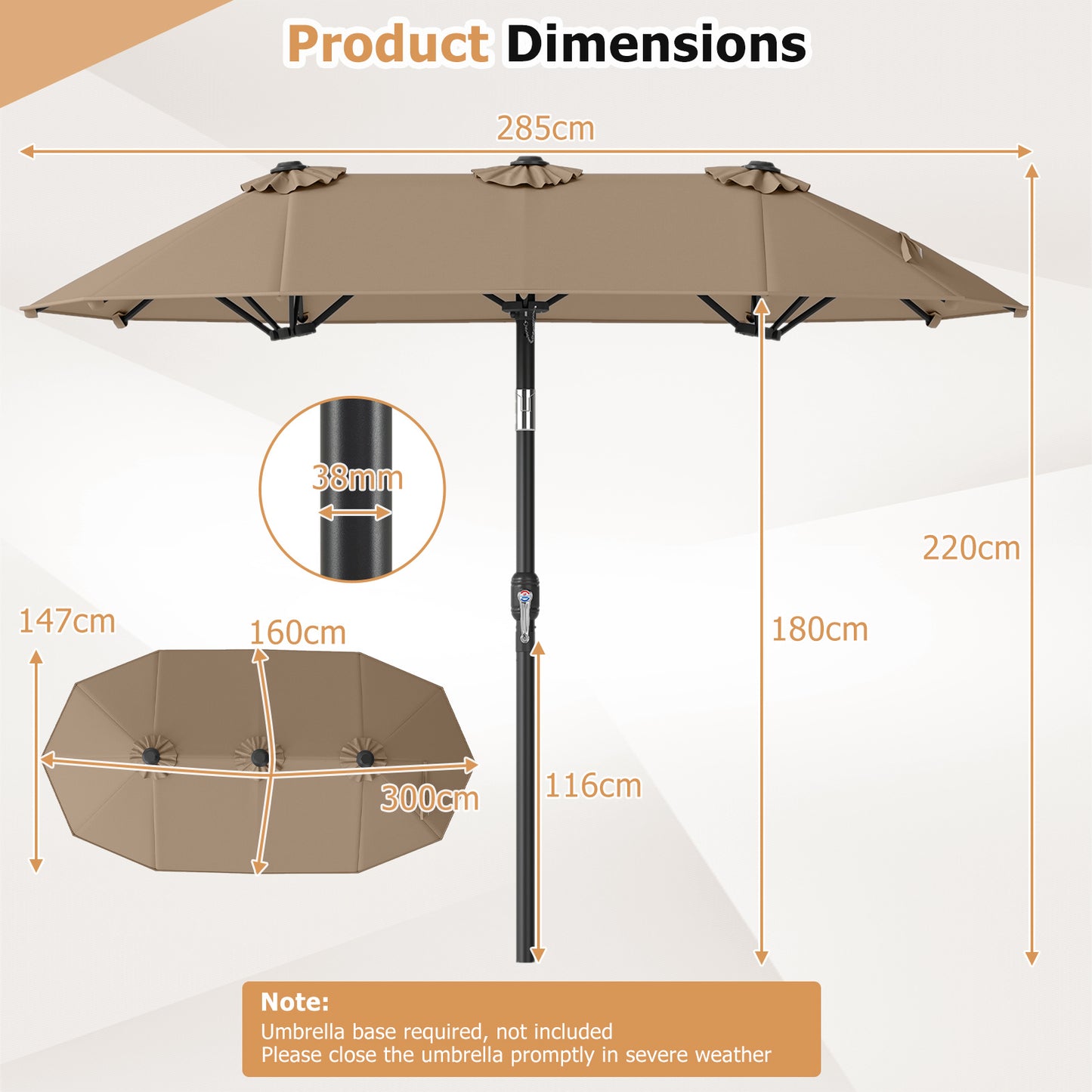 Costway Dubbele Parasol 300 x 160 cm Rechthoekige Parasol met Slinger en 12 Baleinen Bruin