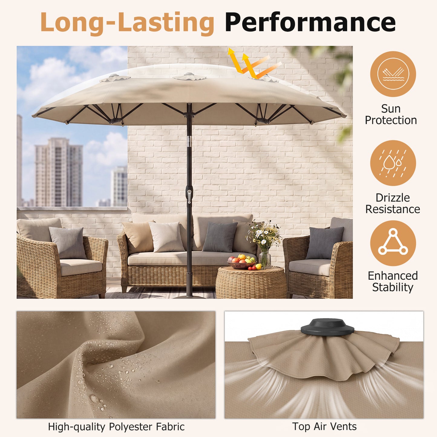 Costway Dubbele Parasol 300 x 160 cm Rechthoekige Parasol met Slinger en 12 Baleinen Bruin
