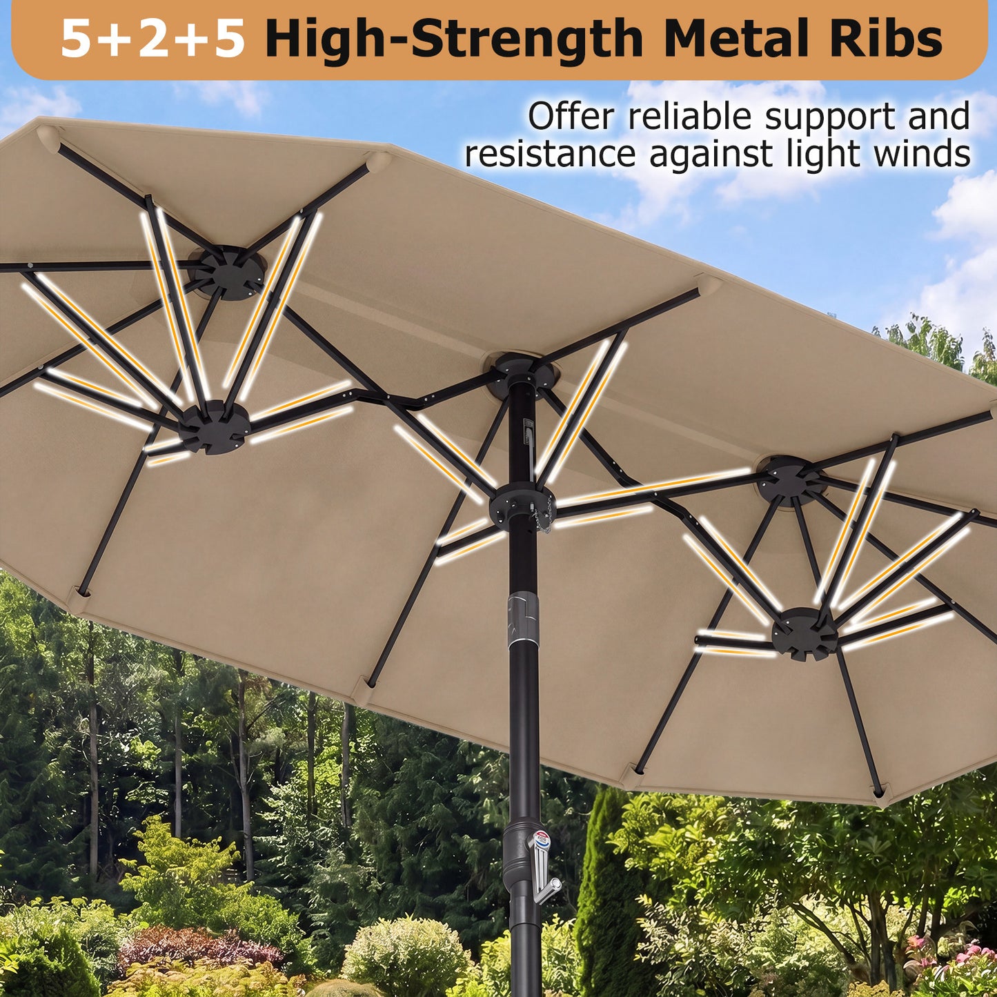 Costway Dubbele Parasol 300 x 160 cm Rechthoekige Parasol met Slinger en 12 Baleinen Bruin