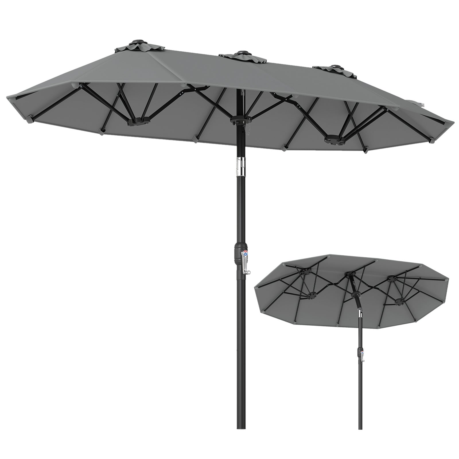 Costway Dubbele Parasol 300 x 160 cm Rechthoekige Parasol met Slinger en 12 Baleinen Grijs