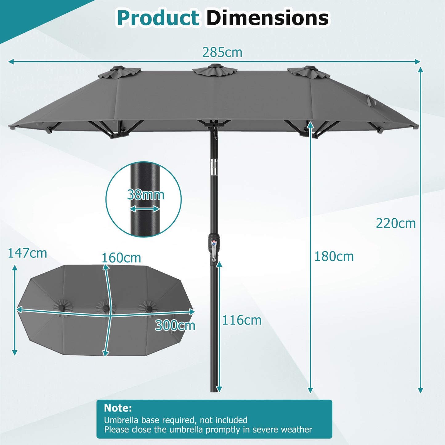 Costway Dubbele Parasol 300 x 160 cm Rechthoekige Parasol met Slinger en 12 Baleinen Grijs