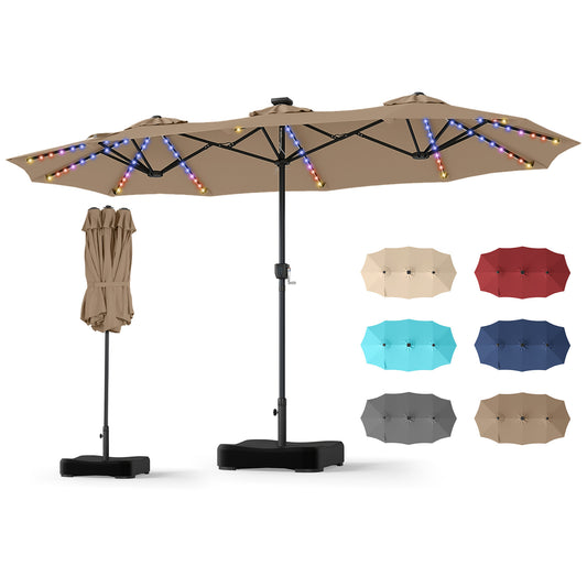 Costway Dubbele Parasol 370 x 200 cm Parasol met Slinger en Voet Terrasparasol met 108 LED-lampjes Bruin
