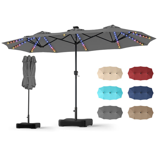 Costway Dubbele Parasol 370 x 200 cm Parasol met Slinger en Voet Terrasparasol met 108 LED-lampjes Grijs