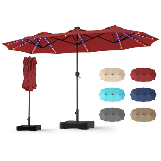 Costway Dubbele Parasol 370 x 200 cm Parasol met Slinger en Voet Terrasparasol met 108 LED-lampjes Wijnrood