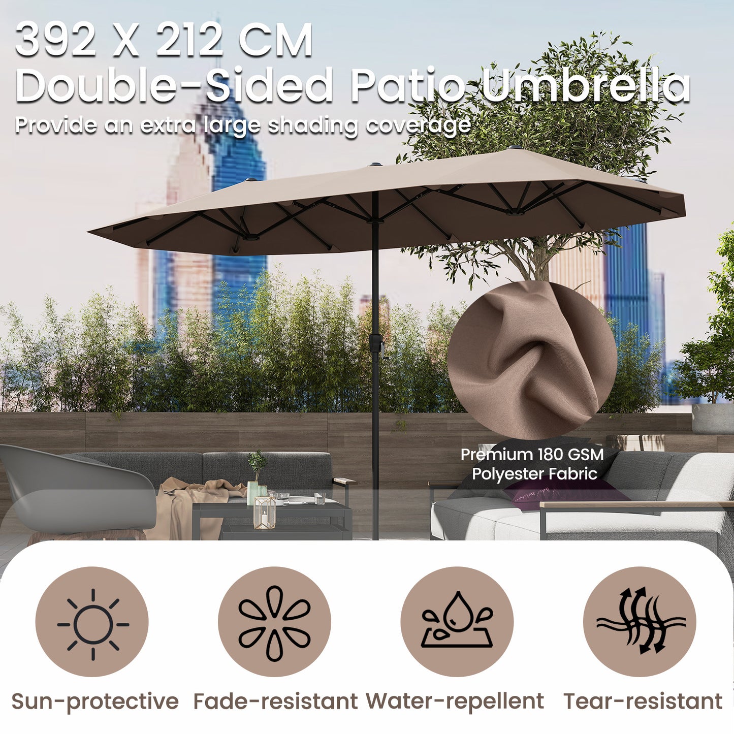 Costway Dubbele Parasol Rechthoekige Parasol van 400 x 215 cm Waterafstotende Balkonparasol met Zonwering Bruin