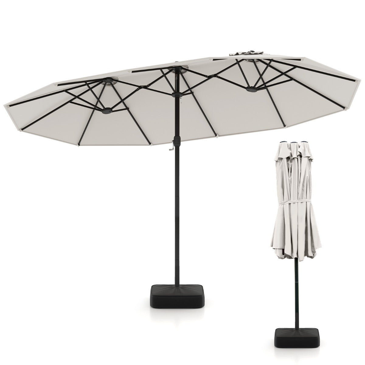 Costway Dubbele Terrasparasol Grote Parasol voor Buiten 12 Metalen Baleinen Stabiele Basis 2 Gewichtszakken Geventileerde Bovenkant Zwengel-Beige