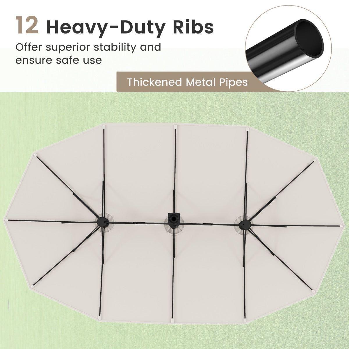Costway Dubbele Terrasparasol Grote Parasol voor Buiten 12 Metalen Baleinen Stabiele Basis 2 Gewichtszakken Geventileerde Bovenkant Zwengel-Beige