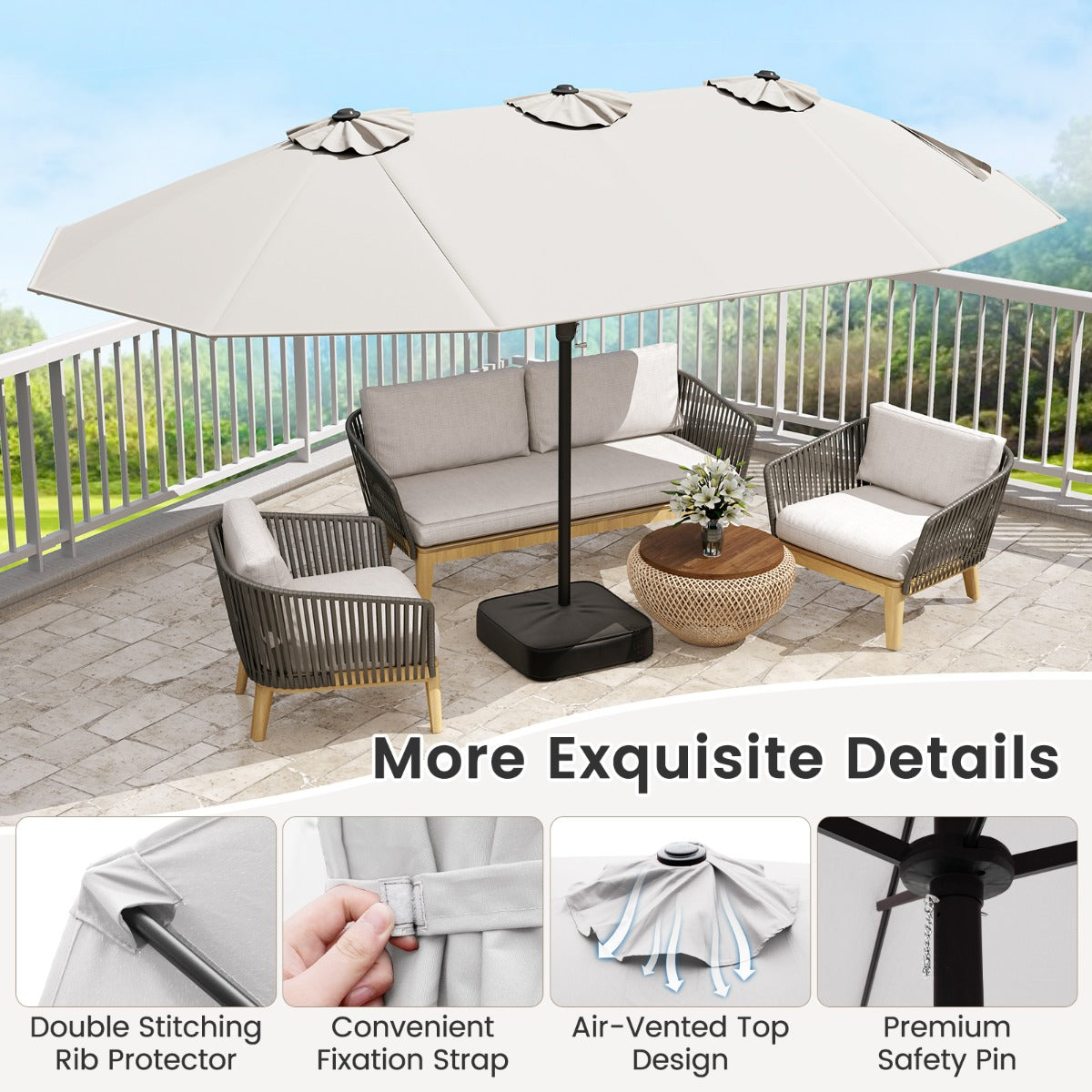 Costway Dubbele Terrasparasol Grote Parasol voor Buiten 12 Metalen Baleinen Stabiele Basis 2 Gewichtszakken Geventileerde Bovenkant Zwengel-Beige