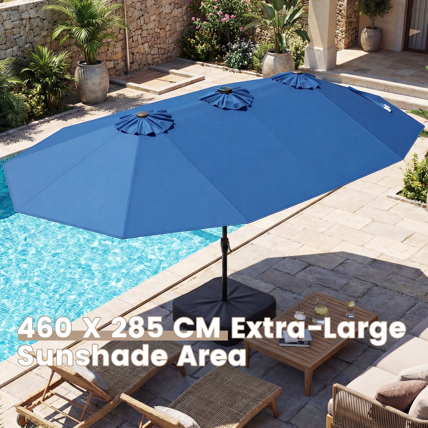Costway Dubbelschaduwparasol 460 x 285 cm Parasol met LED-verlichting Draaimechanisme & Parasolstandaard Blauw
