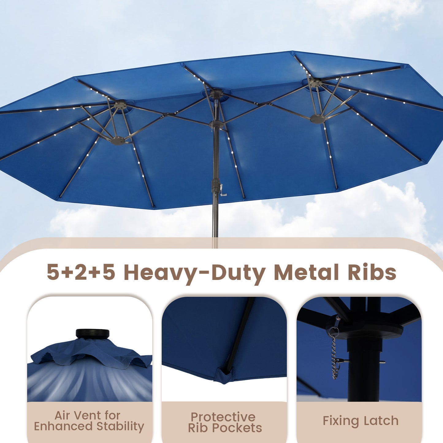 Costway Dubbelschaduwparasol 460 x 285 cm Parasol met LED-verlichting Draaimechanisme & Parasolstandaard Blauw