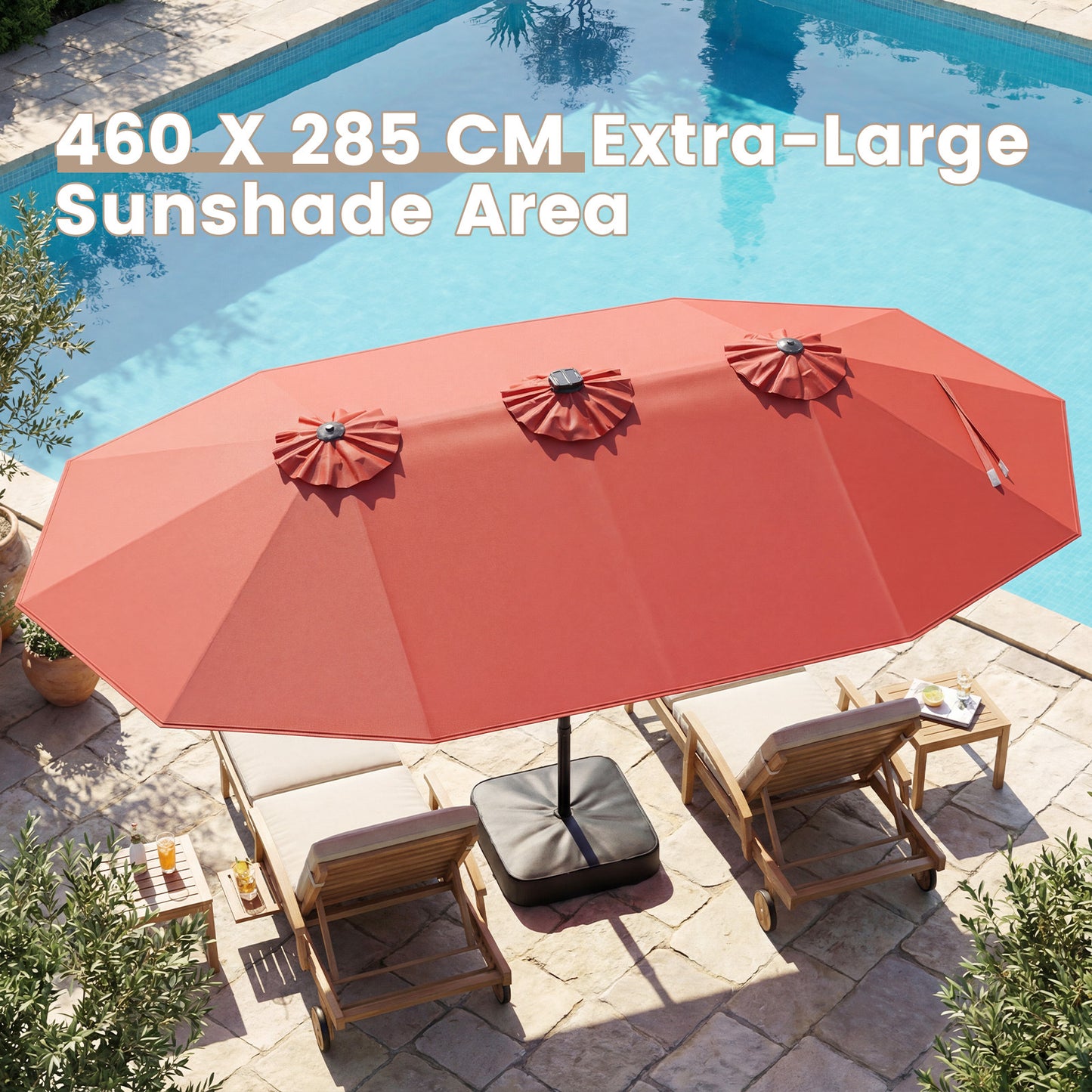 Costway Dubbelschaduwparasol 460 x 285 cm Parasol met LED-verlichting Draaimechanisme & Parasolstandaard Oranje