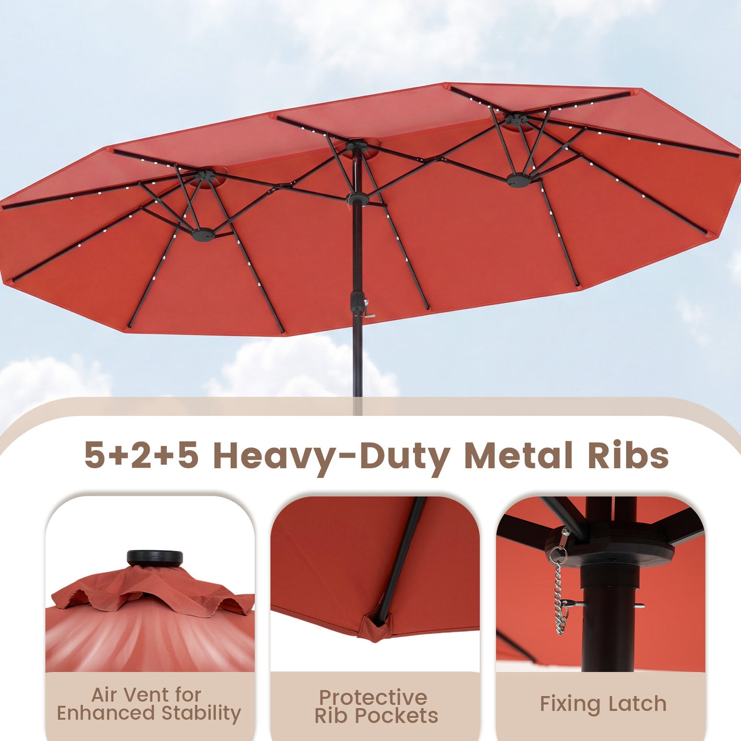 Costway Dubbelschaduwparasol 460 x 285 cm Parasol met LED-verlichting Draaimechanisme & Parasolstandaard Oranje