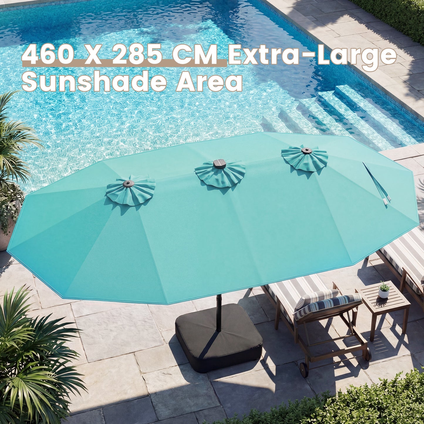 Costway Dubbelschaduwparasol 460 x 285 cm Parasol met LED-verlichting Draaimechanisme & Parasolstandaard Turquoise