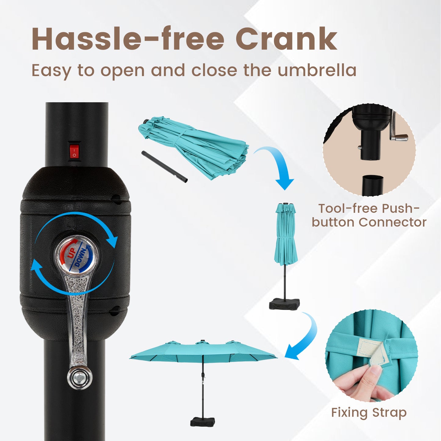 Costway Dubbelschaduwparasol 460 x 285 cm Parasol met LED-verlichting Draaimechanisme & Parasolstandaard Turquoise