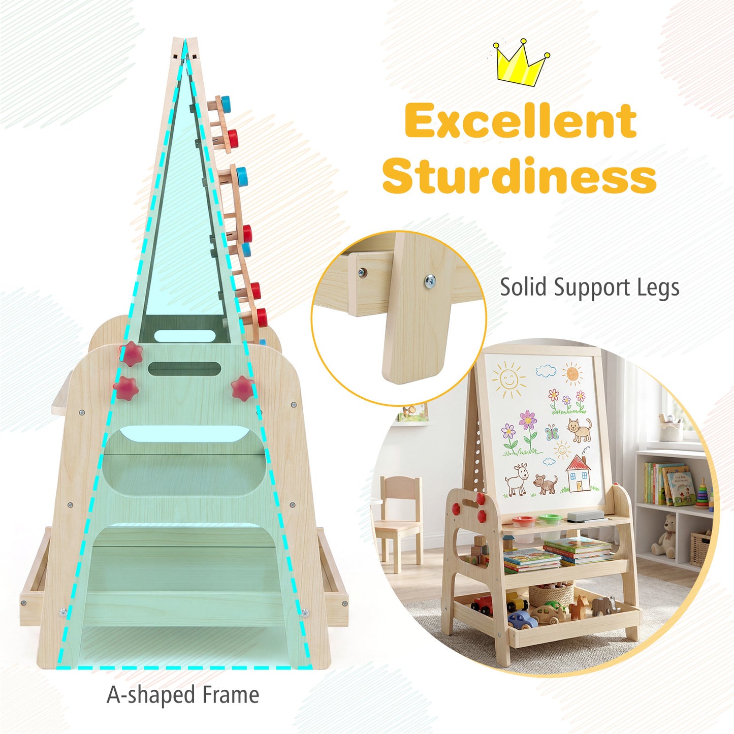 Costway Dubbelzijdige Schildersezel Houten Kinderschildersezel met Magnetisch Whiteboard Knikkerbaan en Opbergvak