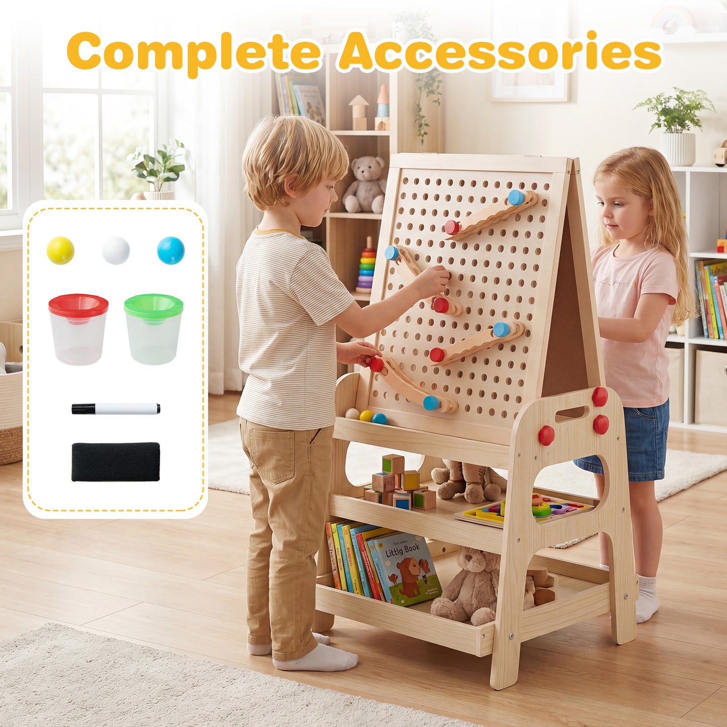 Costway Dubbelzijdige Schildersezel Houten Kinderschildersezel met Magnetisch Whiteboard Knikkerbaan en Opbergvak