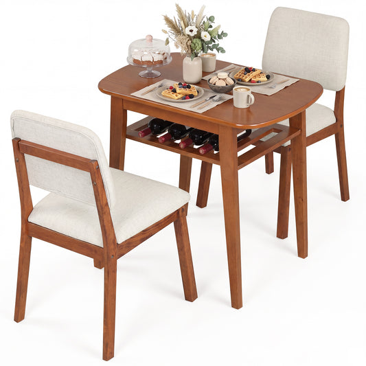 Costway Eettafel met Gestoffeerde Stoel voor 2 Personen Houten Eetkamer Set met Opbergplank Kersenhout