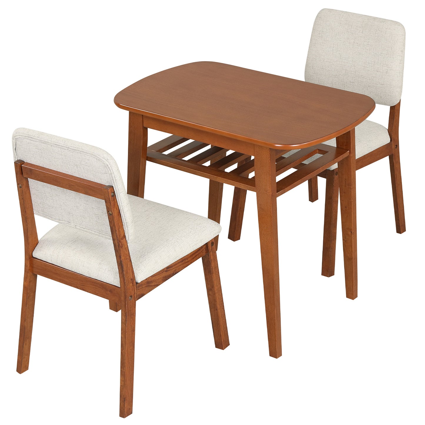 Costway Eettafel met Gestoffeerde Stoel voor 2 Personen Houten Eetkamer Set met Opbergplank Kersenhout