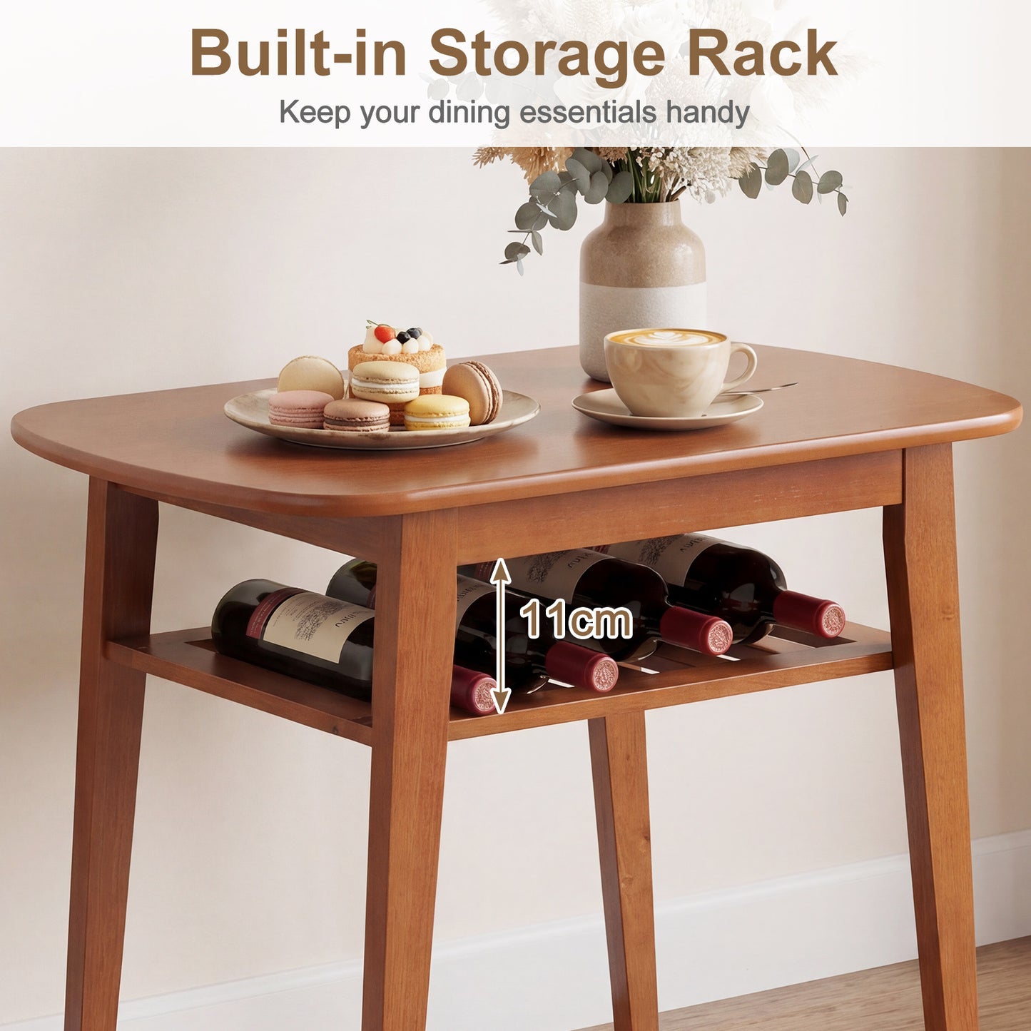 Costway Eettafel met Gestoffeerde Stoel voor 2 Personen Houten Eetkamer Set met Opbergplank Kersenhout