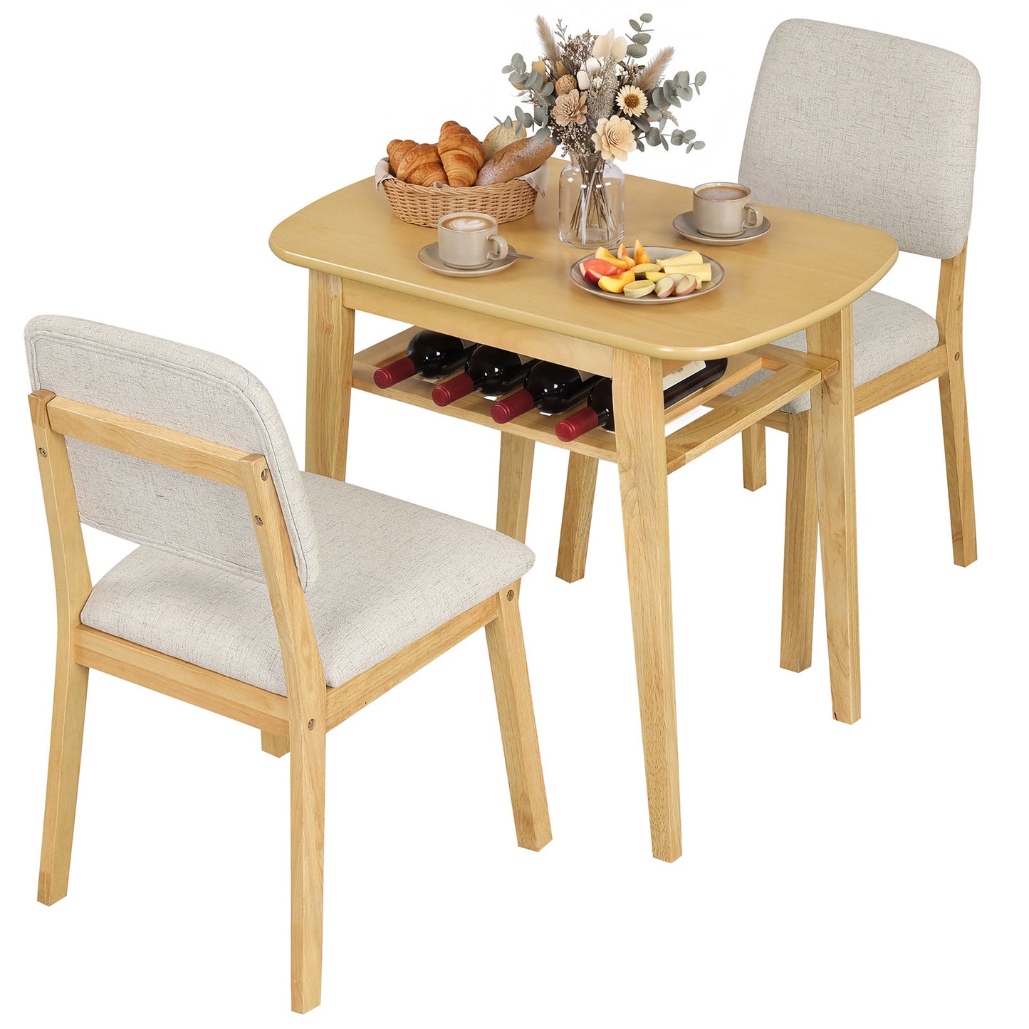 Costway Eettafel met Gestoffeerde Stoel voor 2 Personen Houten Eetkamer Set met Opbergplank Naturel