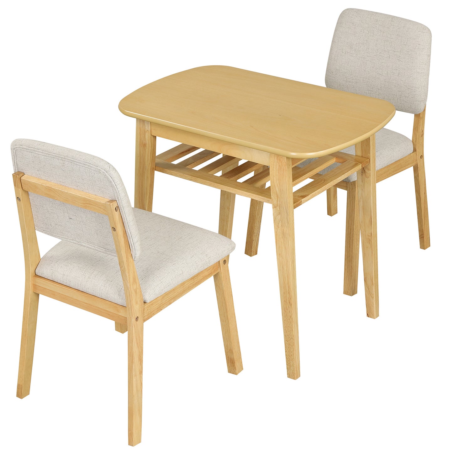 Costway Eettafel met Gestoffeerde Stoel voor 2 Personen Houten Eetkamer Set met Opbergplank Naturel