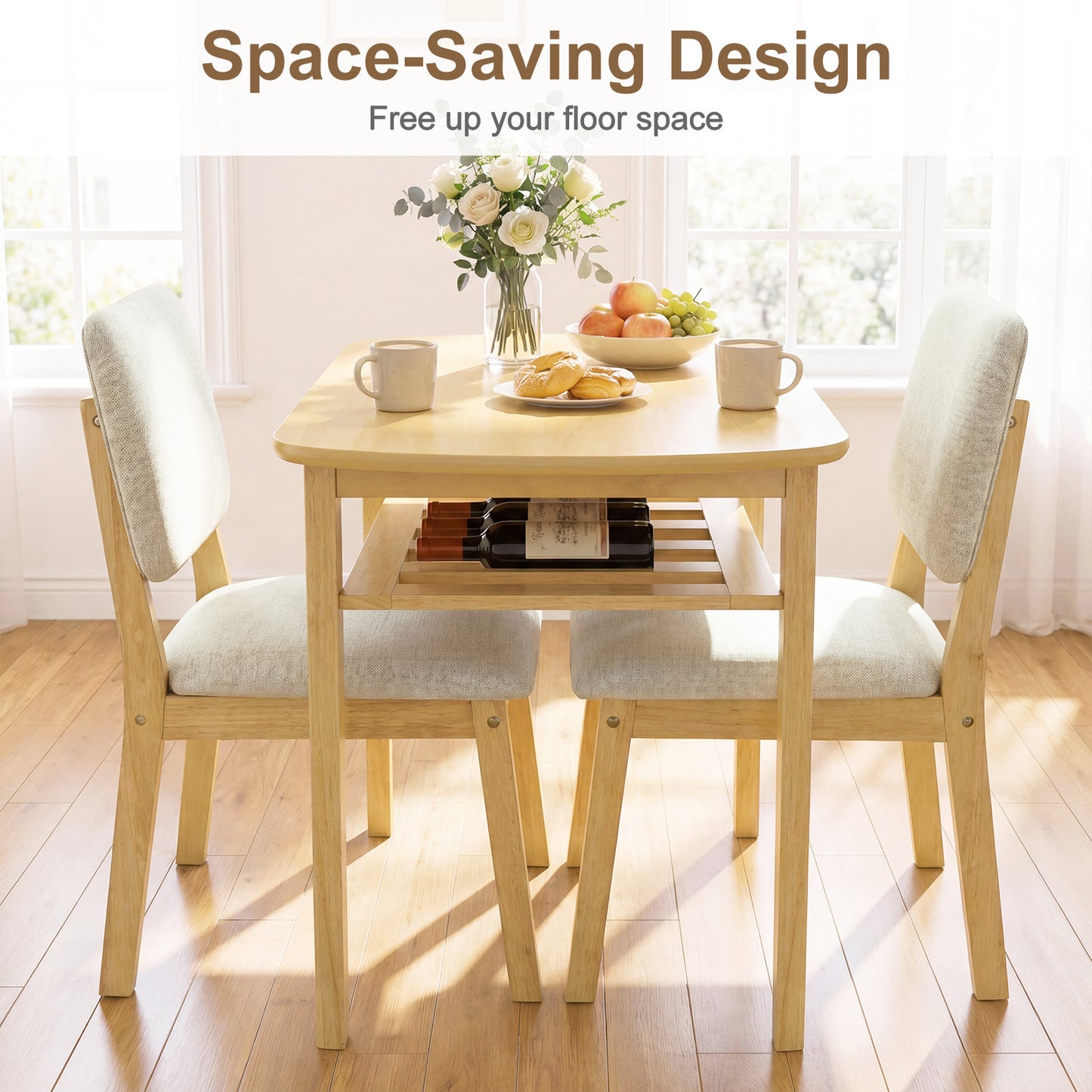 Costway Eettafel met Gestoffeerde Stoel voor 2 Personen Houten Eetkamer Set met Opbergplank Naturel