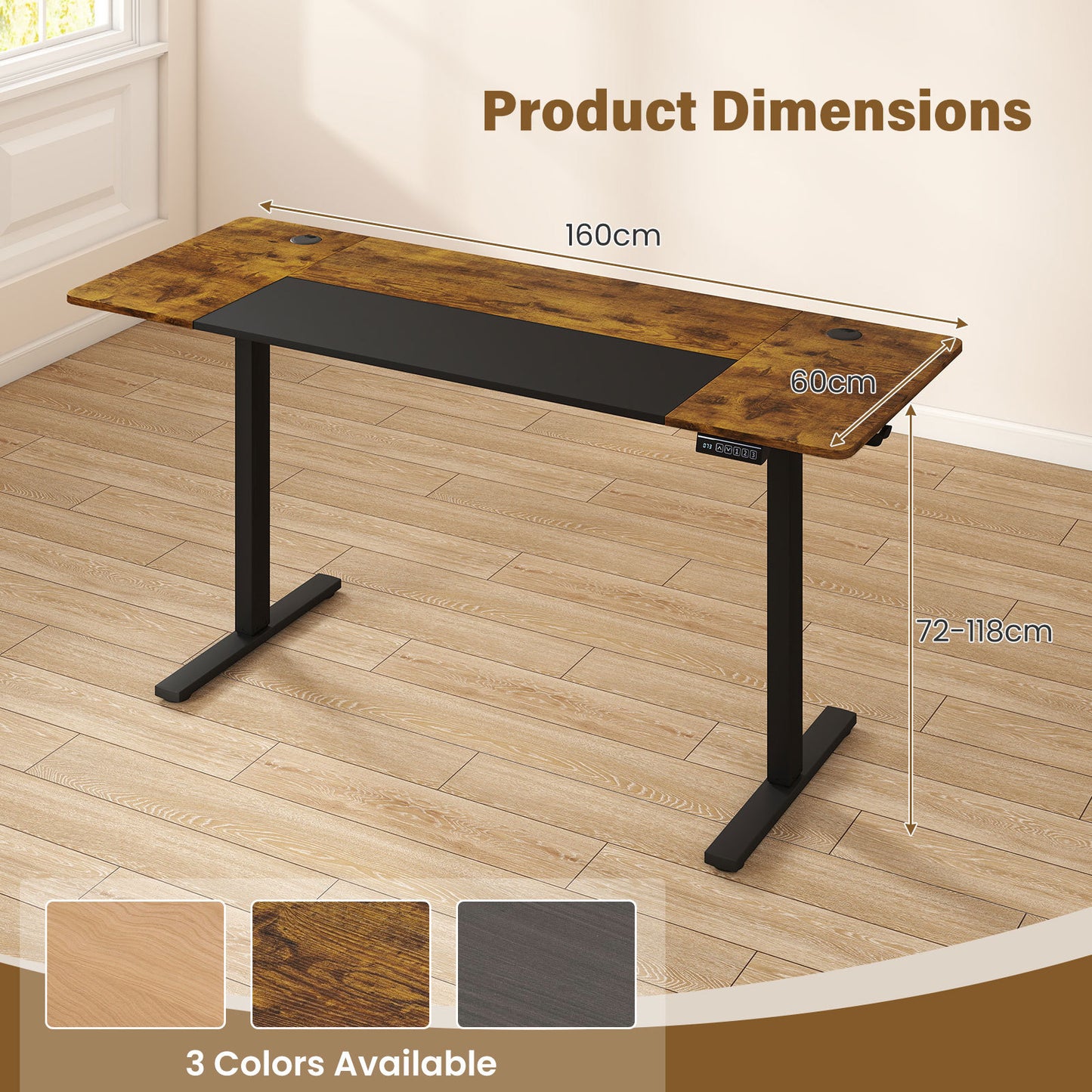 Costway Elektrisch in Hoogte Verstelbaar Bureau 160 x 60 cm Bruin