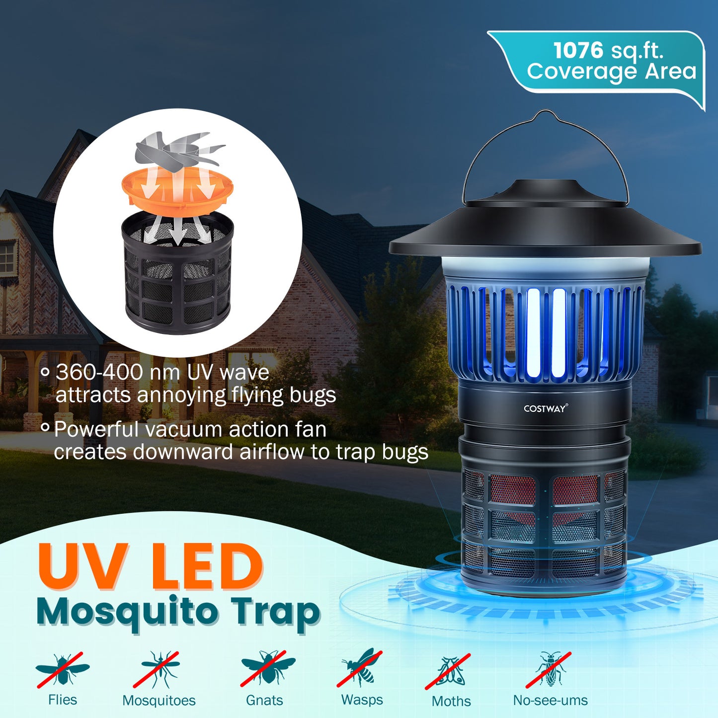 Costway Elektrische Insectenverdelger 2 in 1 Muggenlamp met LED-licht USB Oplaadbare Vliegenval Tegen