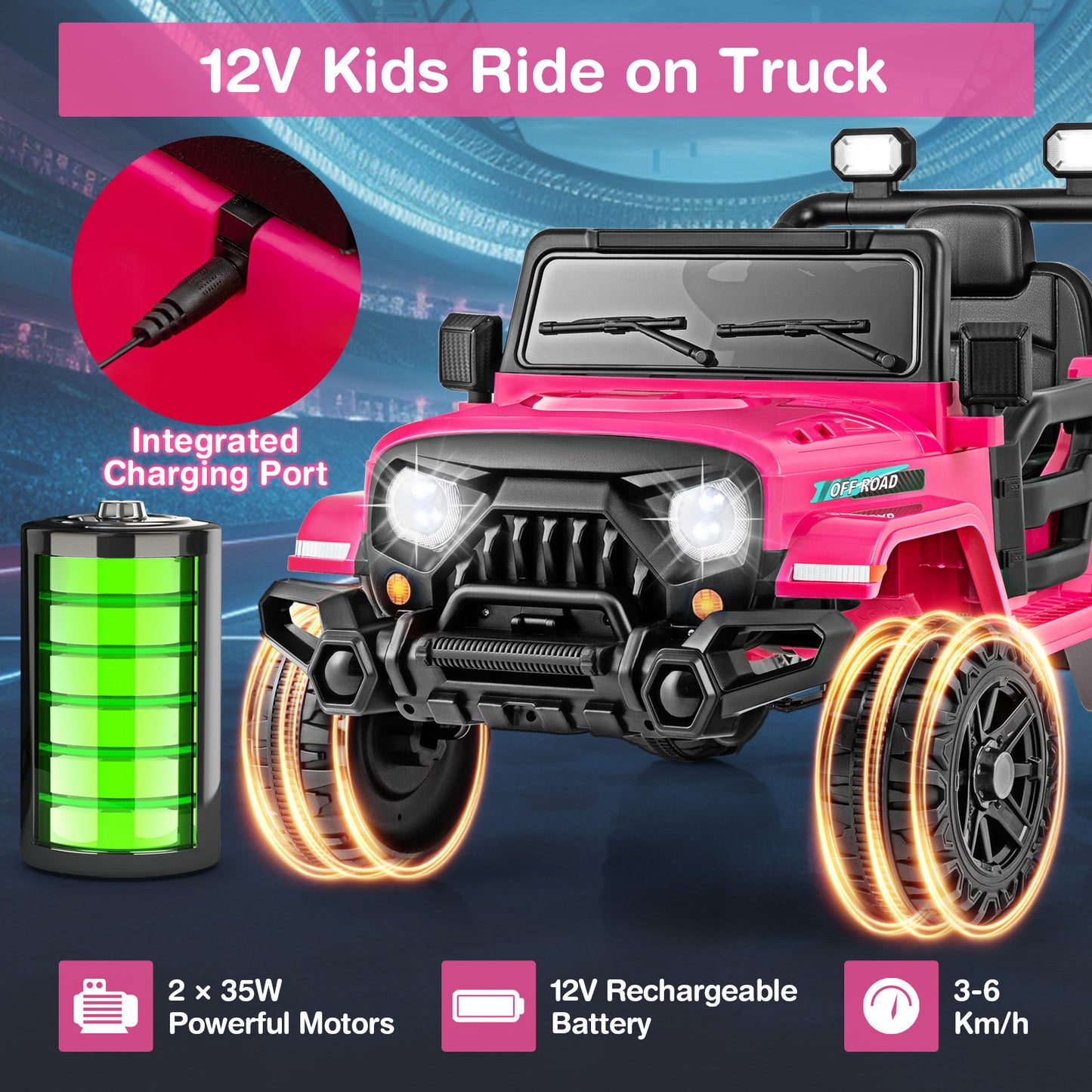 Costway Elektrische Kinderauto met Afstandsbediening Peuterjeep met 3 Snelheden Claxon en LED-lampjes Roze