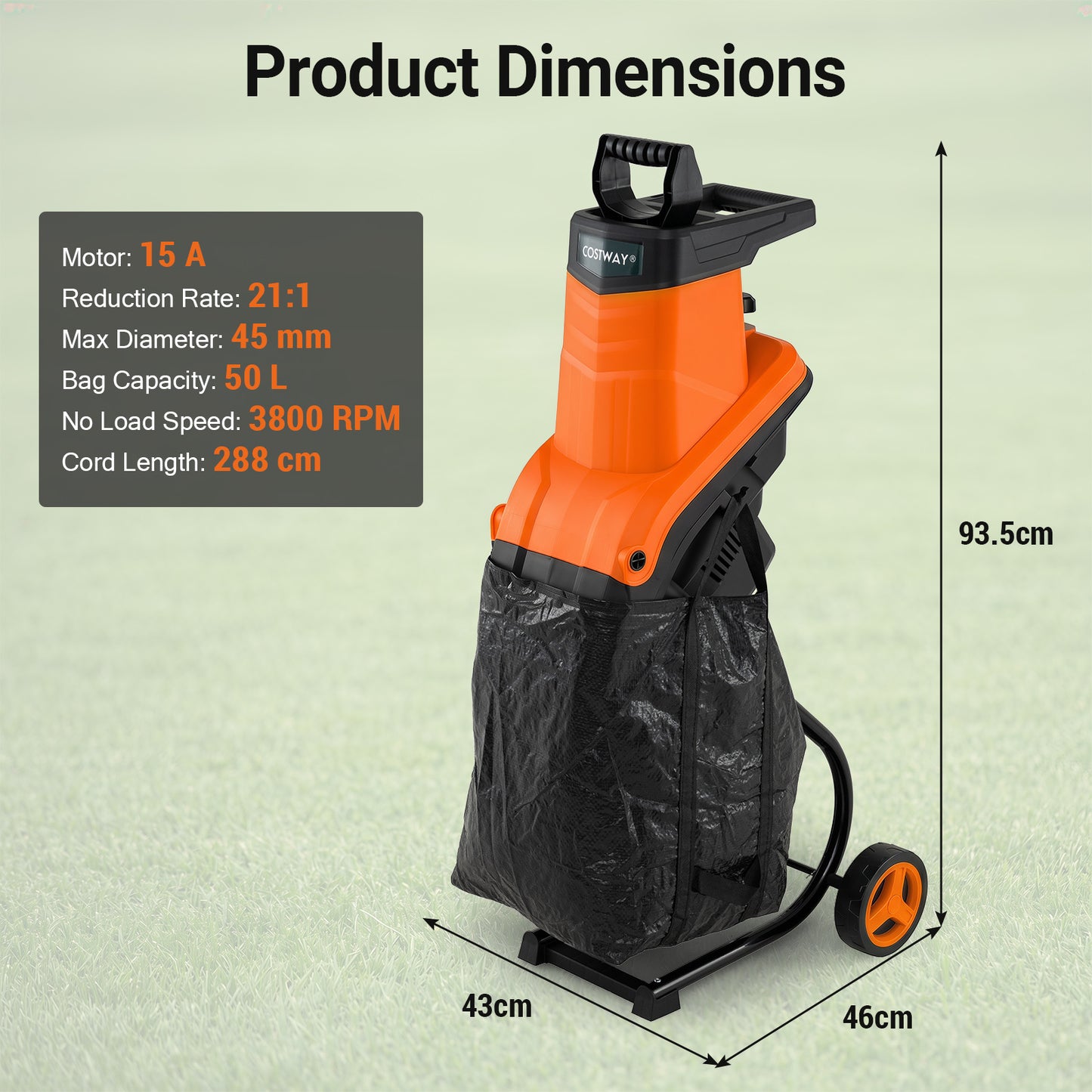 Costway Elektrische Oranje Tuin Versnipperaar 2500W mes Versnipperaar voor Takken tot 45 mm 21:1 Opvangzak Hout Versnipperaar met Wielen 2 Dubbele Messen Versnipperaar
