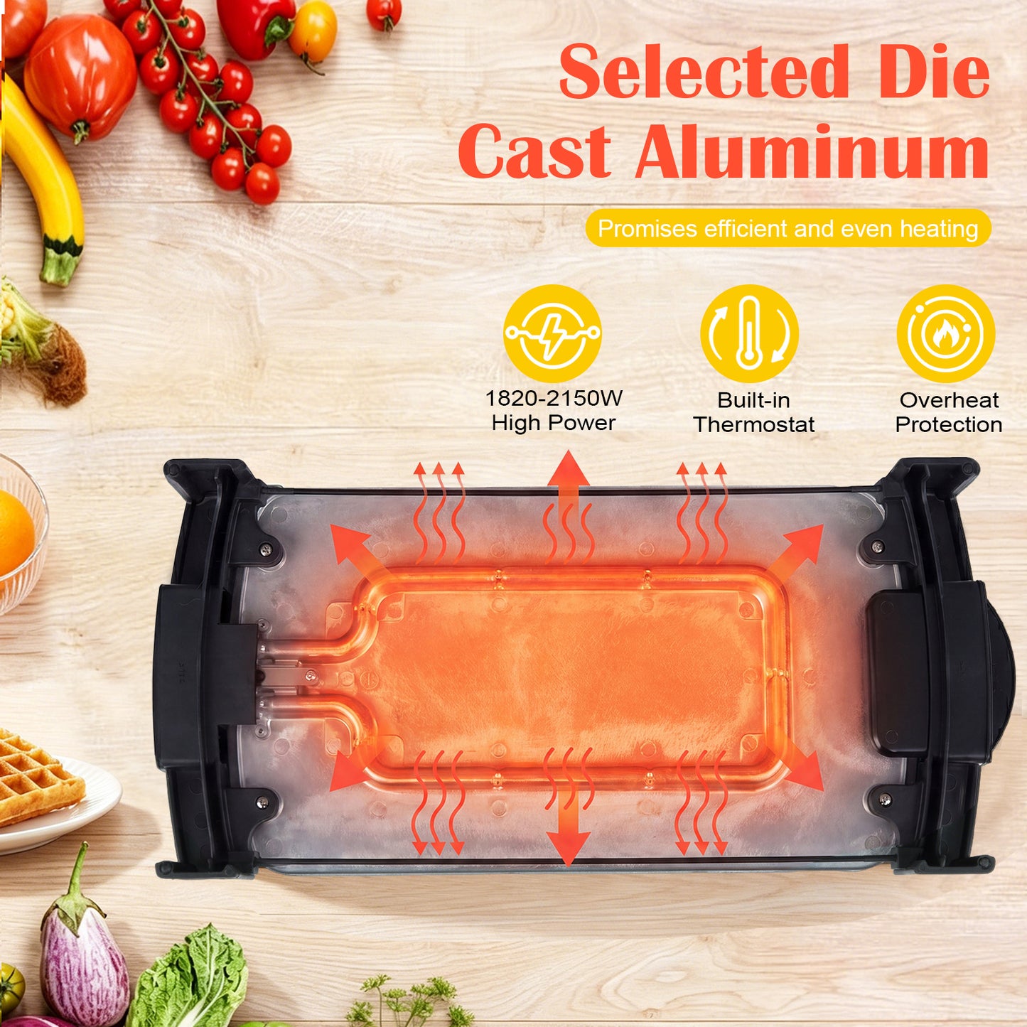 Costway Elektrogrill 2150 W Tafelgrill Elektrisch met Dubbele Zone 54,5 × 25 × 8,2 cm