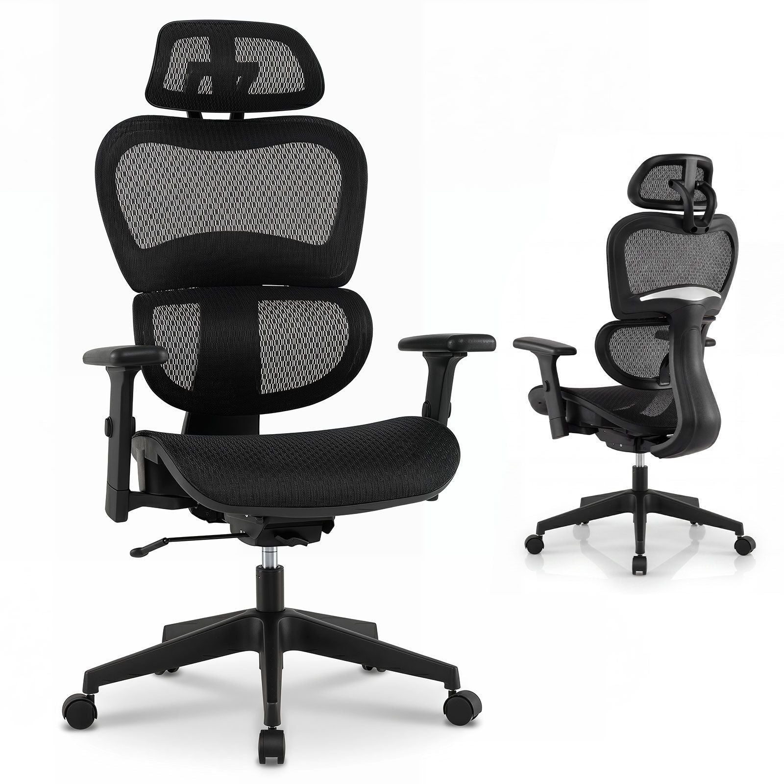 Costway Ergonomische Bureaustoel met Mesh Bureaustoel met Verstelbare Armleuningen en Hoofdsteun Gaming Stoel Zwart