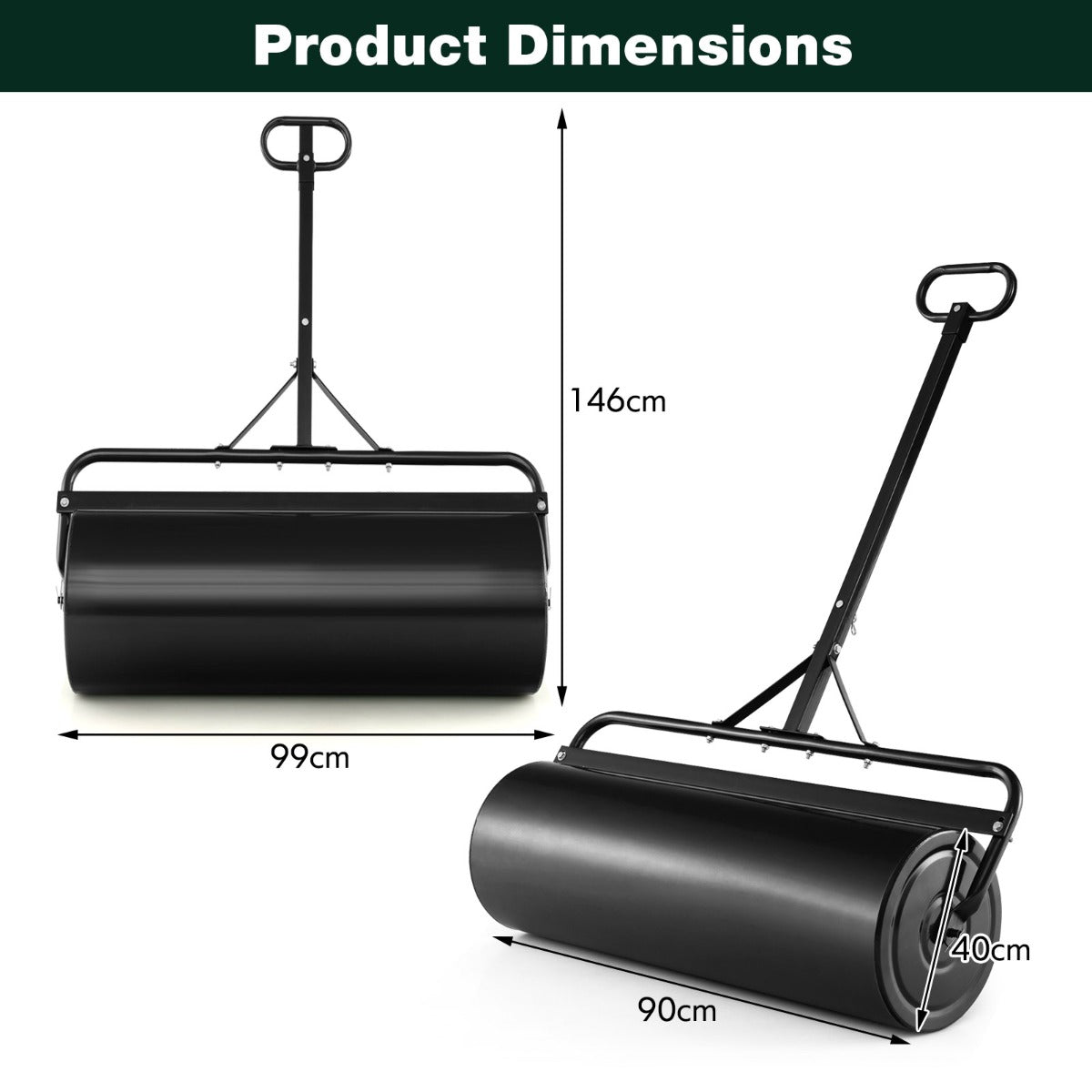 Costway Graswals Metaal 113 L Handroller met Handvat Tuinwals Ø 40 cm Vulbaar met Water/Zand Zware Trommel Graswals Trommel Zwart