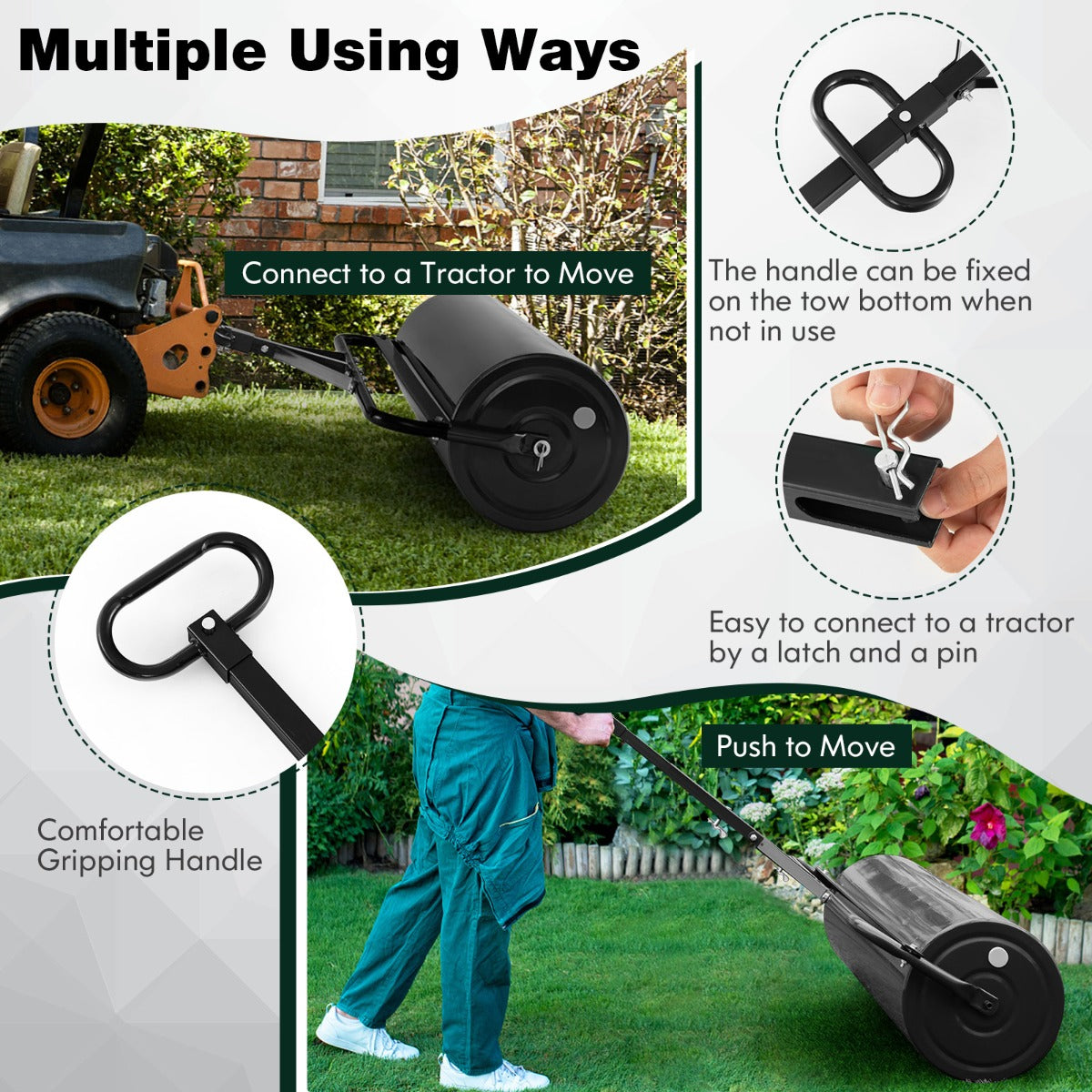 Costway Graswals Metaal 113 L Handroller met Handvat Tuinwals Ø 40 cm Vulbaar met Water/Zand Zware Trommel Graswals Trommel Zwart