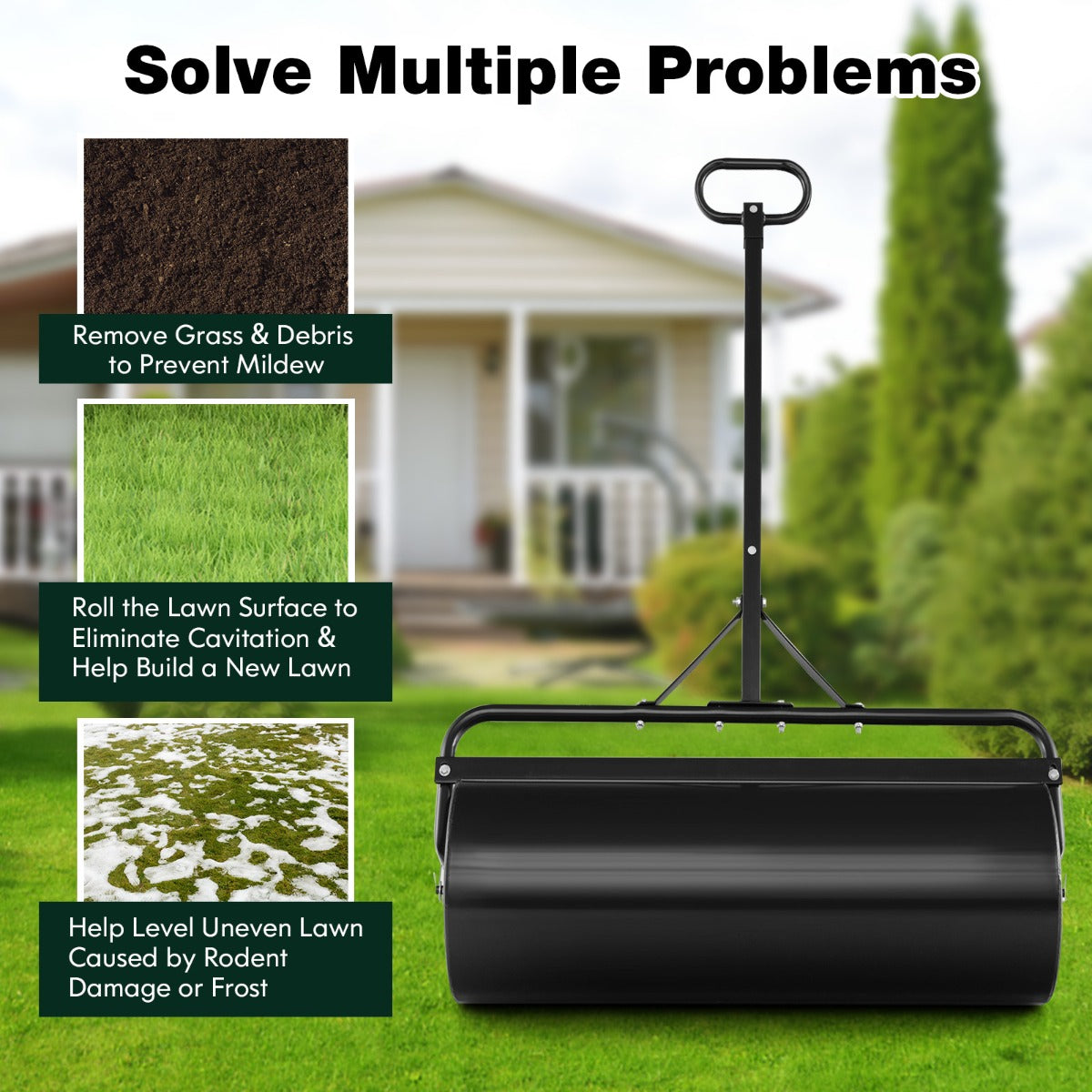 Costway Graswals Metaal 113 L Handroller met Handvat Tuinwals Ø 40 cm Vulbaar met Water/Zand Zware Trommel Graswals Trommel Zwart