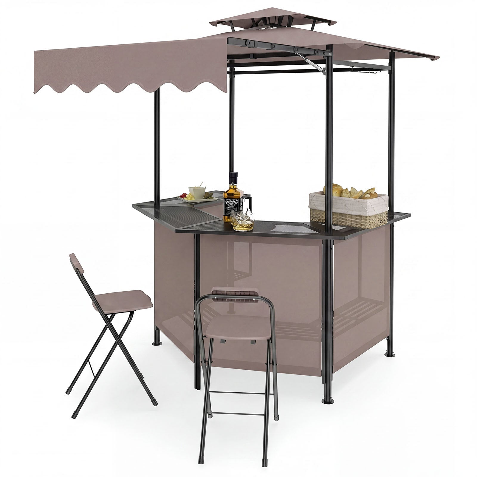 Costway Grillpaviljoen 3-delig Tuinpaviljoen met Bar & 2 Opklapbare Barkrukken Grilloverkapping met Dubbele Dakluifel & Zonbescherming Bruin