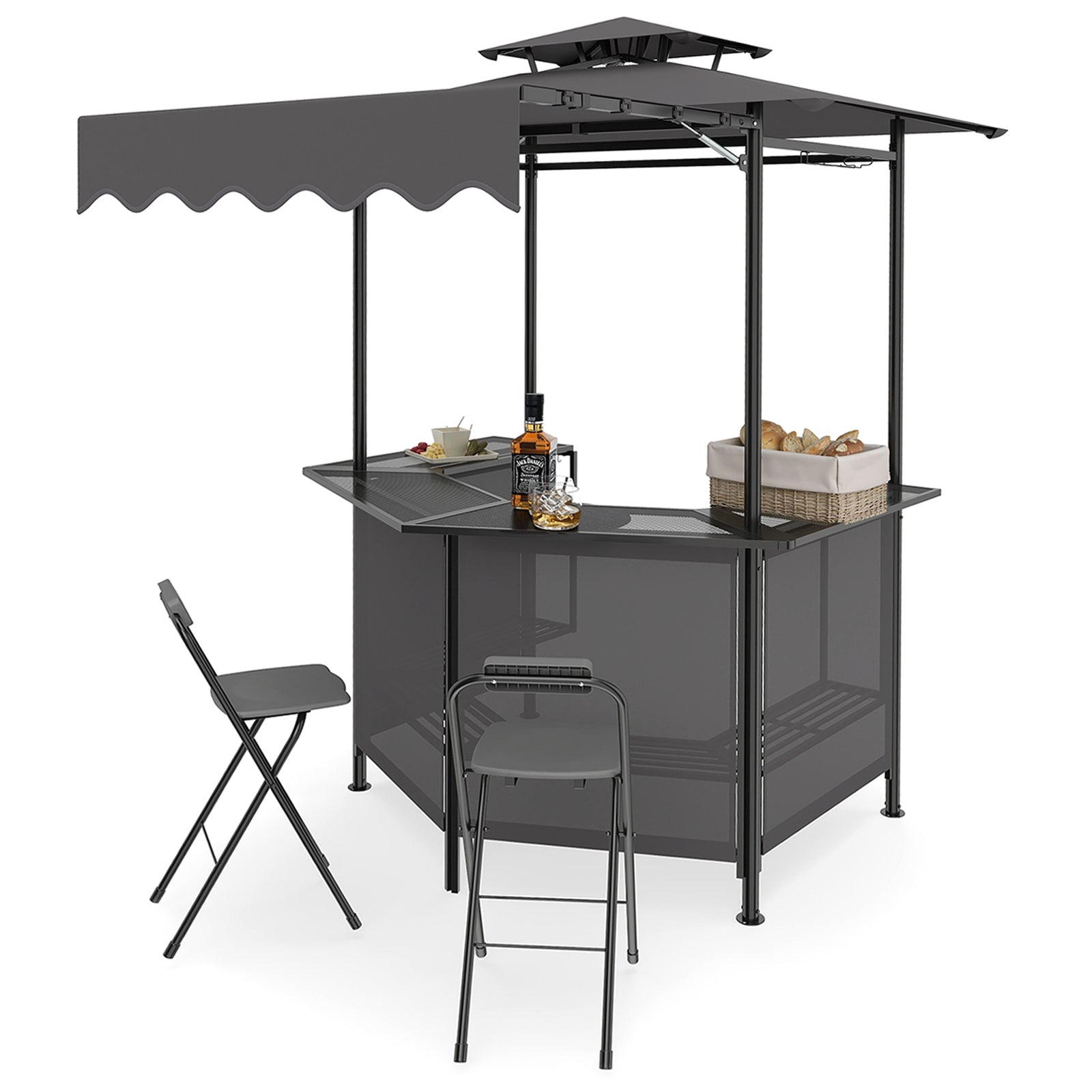 Costway Grillpaviljoen 3-delig Tuinpaviljoen met Bar & 2 Opklapbare Barkrukken Grilloverkapping met Dubbele Dakluifel & Zonbescherming Grijs