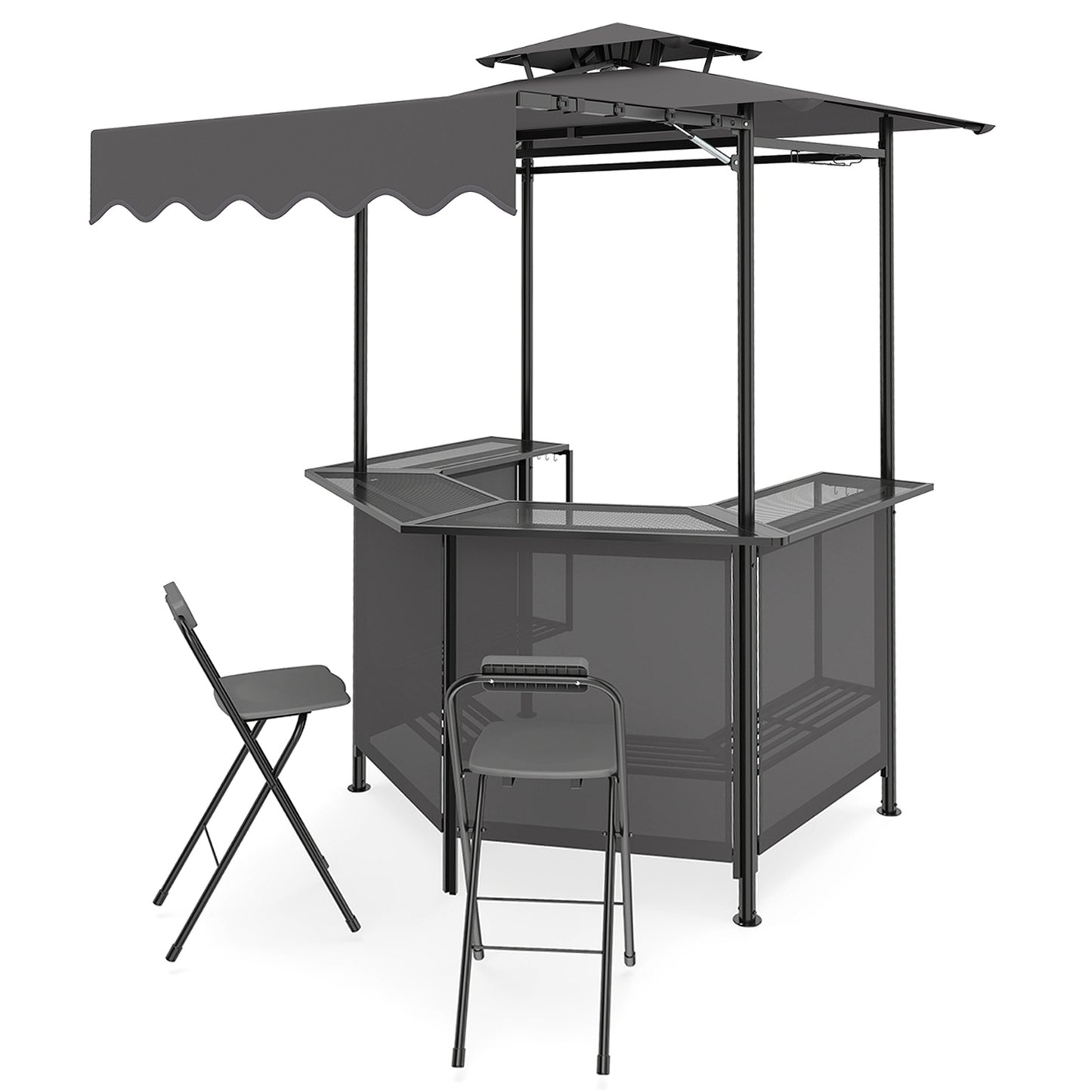 Costway Grillpaviljoen 3-delig Tuinpaviljoen met Bar & 2 Opklapbare Barkrukken Grilloverkapping met Dubbele Dakluifel & Zonbescherming Grijs