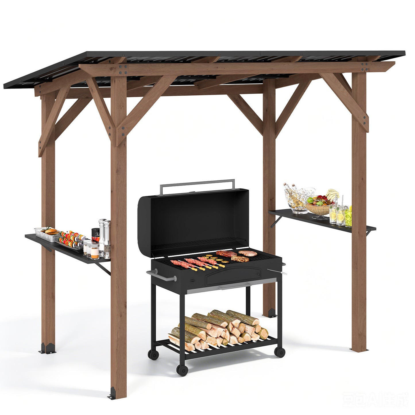 Costway Grillpaviljoen Houten Grilloverkapping met 2 Zijplanken Schuin Metaldak Buiten Grillonderstand 263 x 151 x 223cm