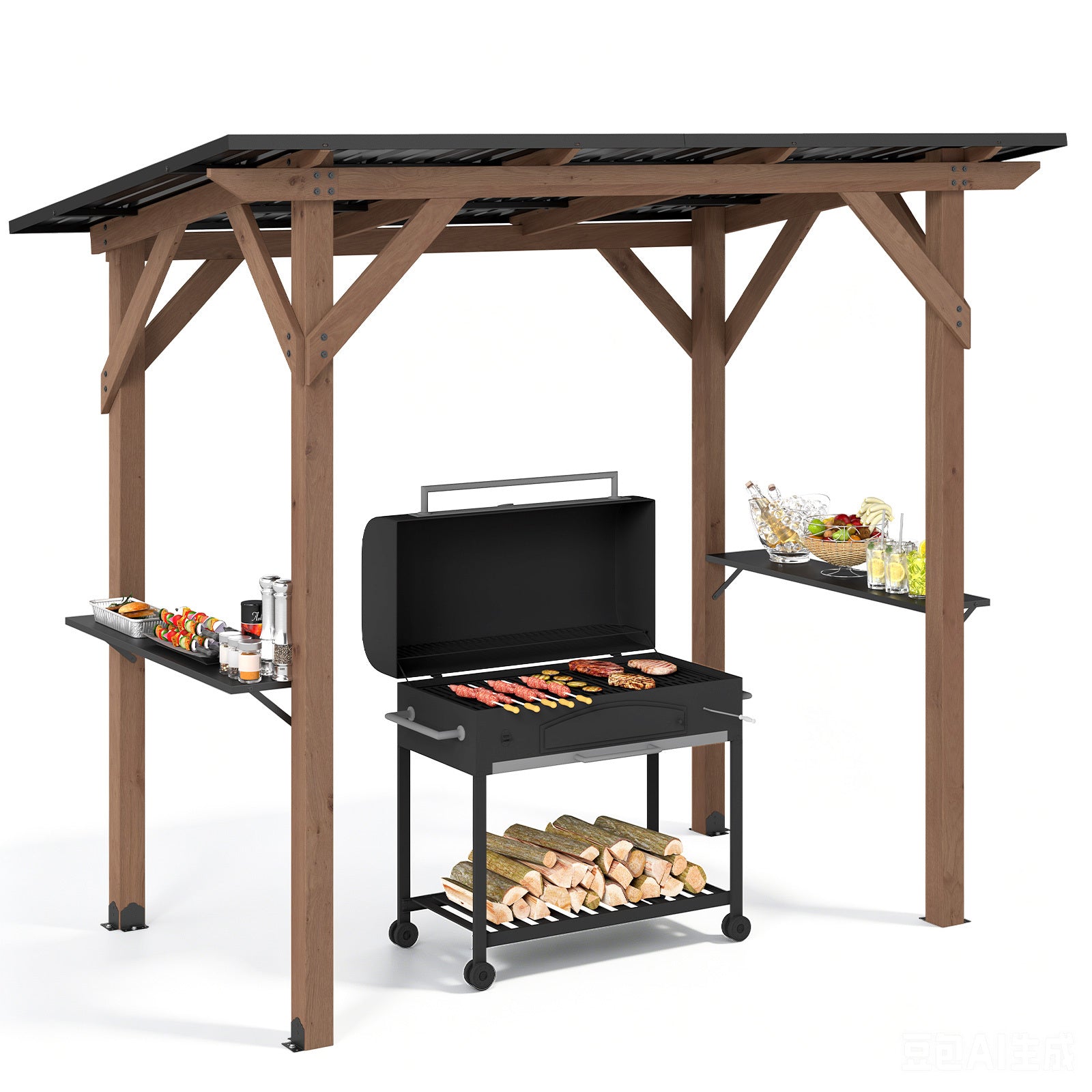 Costway Grillpaviljoen Houten Grilloverkapping met 2 Zijplanken Schuin Metaldak Buiten Grillonderstand 263 x 151 x 223cm