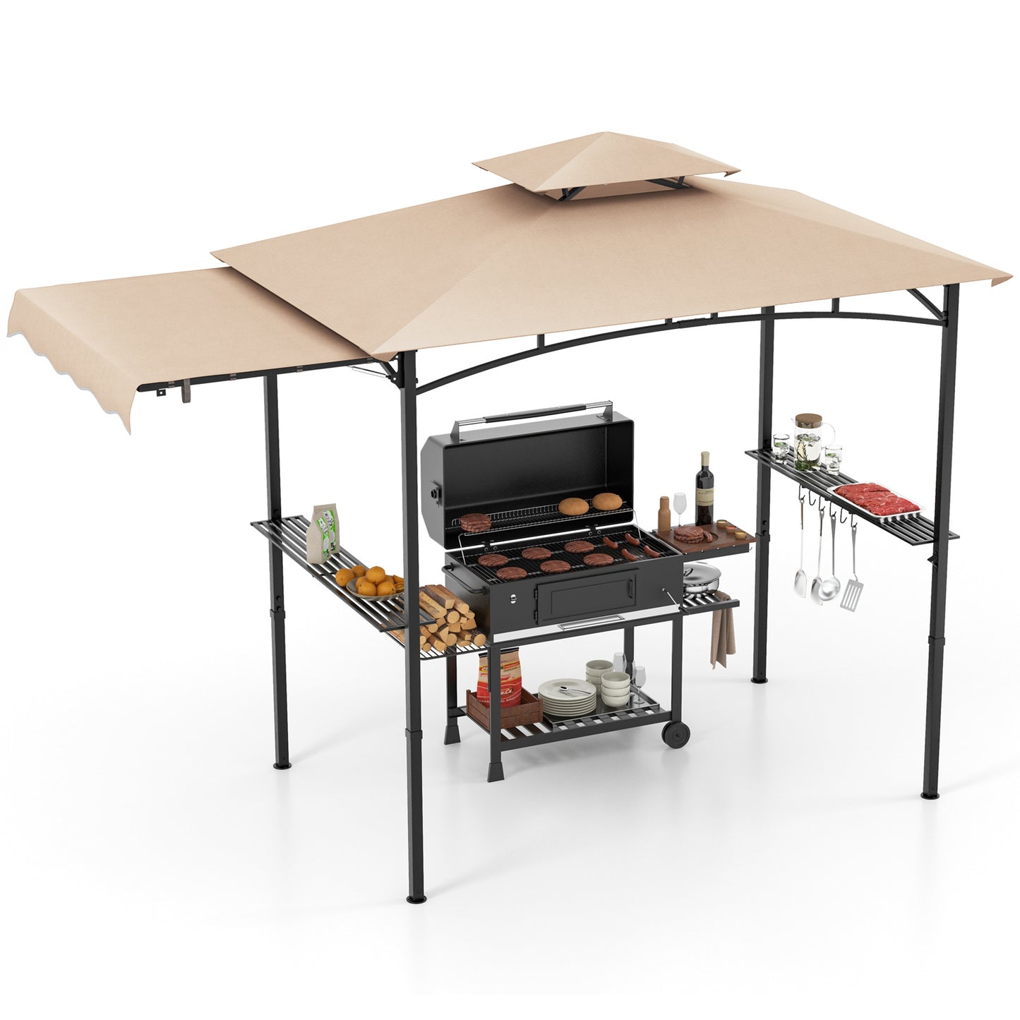 Costway Grillpaviljoen met Zijmarkies Dubbeldak 2 Zijplanken & Haken Tuinpaviljoen BBQ Paviljoen Beige