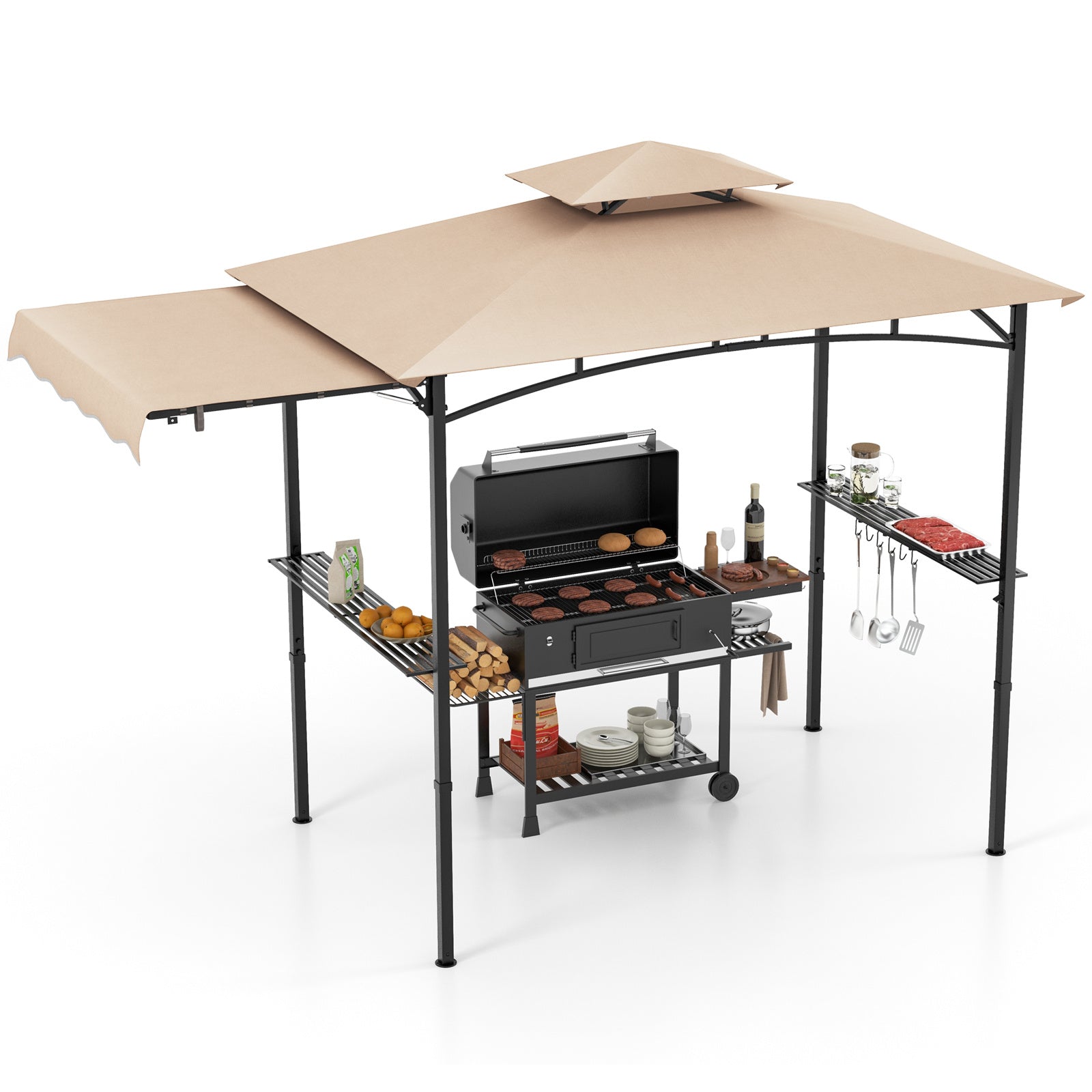 Costway Grillpaviljoen met Zijmarkies Dubbeldak 2 Zijplanken & Haken Tuinpaviljoen BBQ Paviljoen Beige