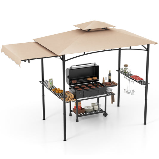 Costway Grillpaviljoen met Zijmarkies Dubbeldak 2 Zijplanken & Haken Tuinpaviljoen BBQ Paviljoen Beige
