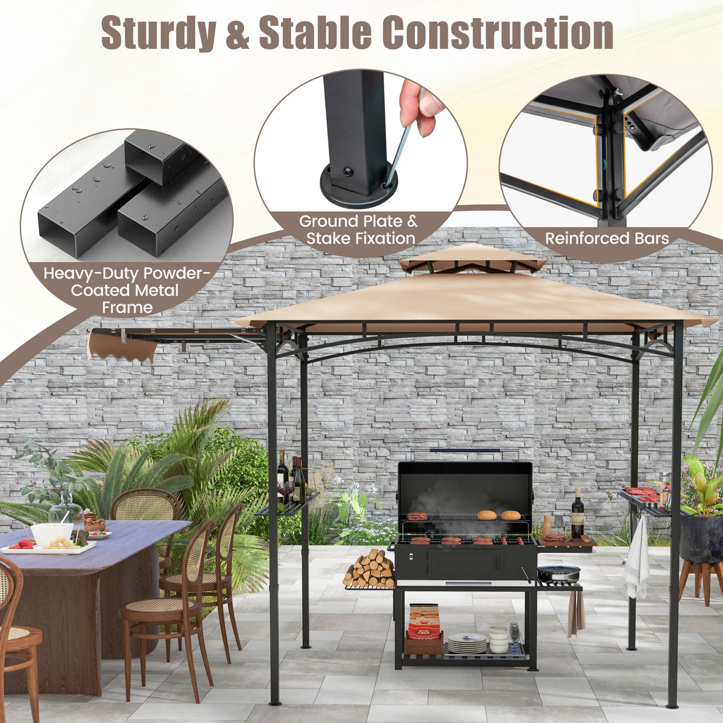 Costway Grillpaviljoen met Zijmarkies Dubbeldak 2 Zijplanken & Haken Tuinpaviljoen BBQ Paviljoen Beige