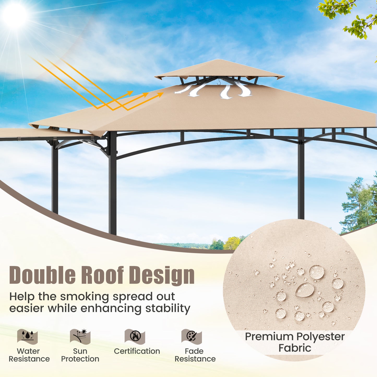 Costway Grillpaviljoen met Zijmarkies Dubbeldak 2 Zijplanken & Haken Tuinpaviljoen BBQ Paviljoen Beige