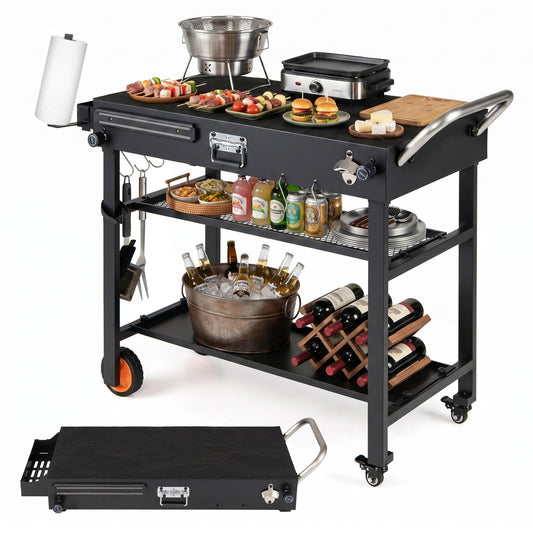 Costway Grillwagen Opvouwbare Grilltafel met 3 Niveaus Ondergrond & Haken Buitenkeuken Draagbare Grill 109 x 46 x 87 cm Zwart
