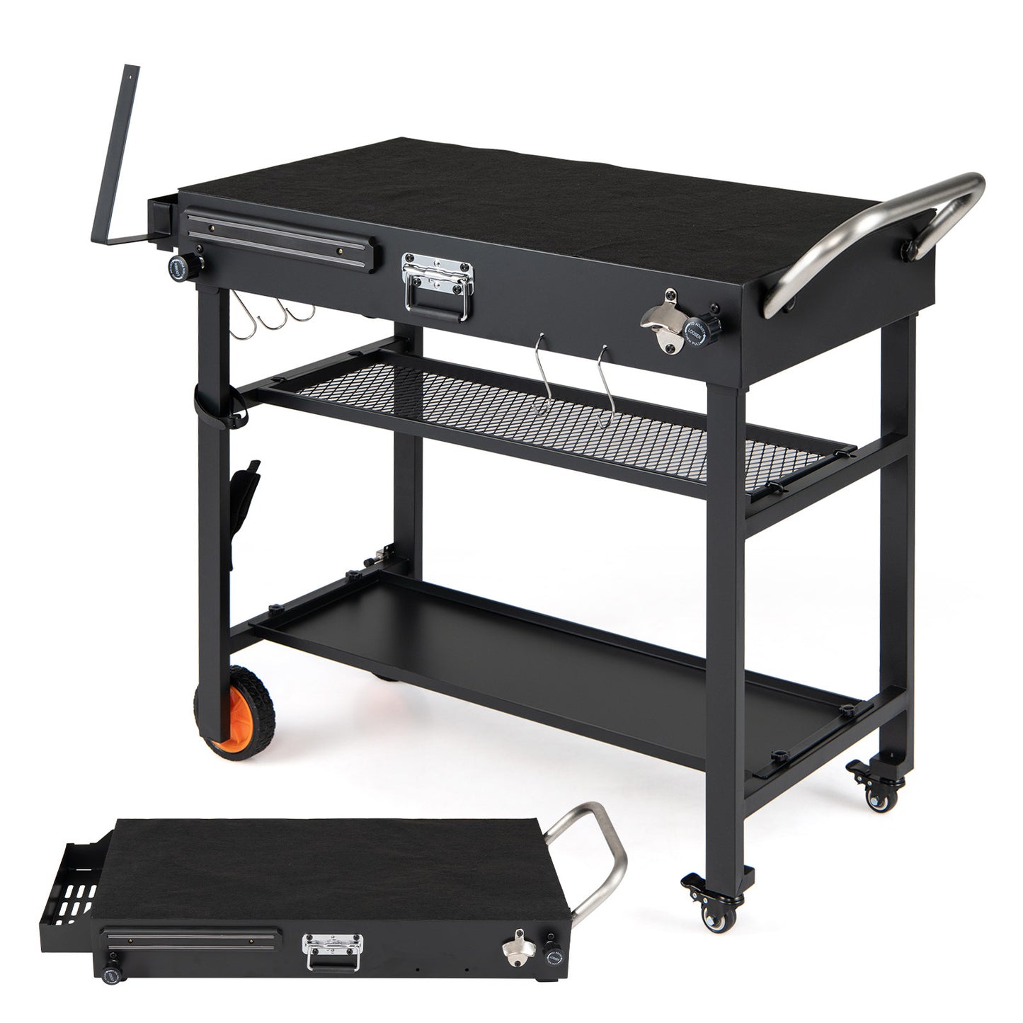 Costway Grillwagen Opvouwbare Grilltafel met 3 Niveaus Ondergrond & Haken Buitenkeuken Draagbare Grill 109 x 46 x 87 cm Zwart