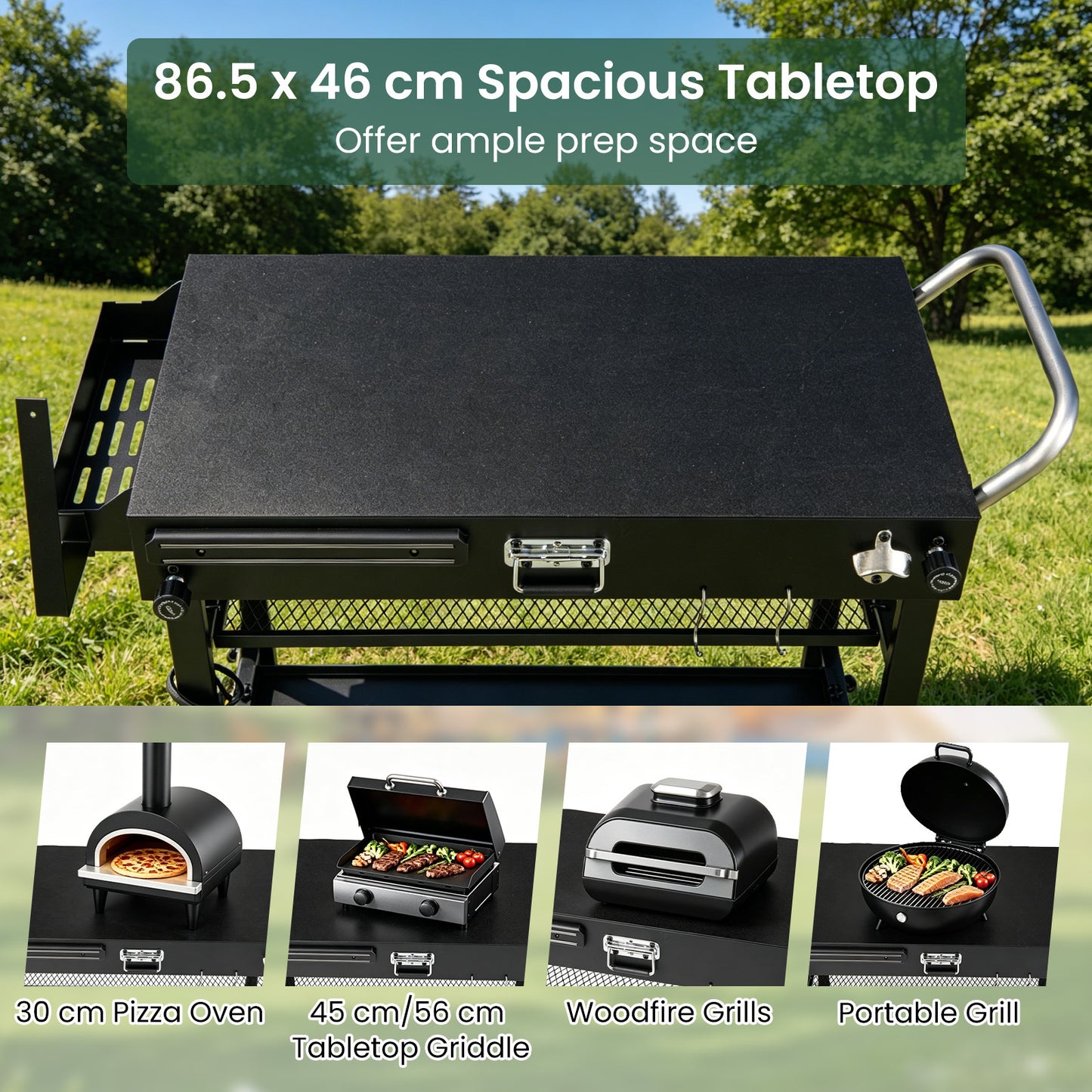 Costway Grillwagen Opvouwbare Grilltafel met 3 Niveaus Ondergrond & Haken Buitenkeuken Draagbare Grill 109 x 46 x 87 cm Zwart