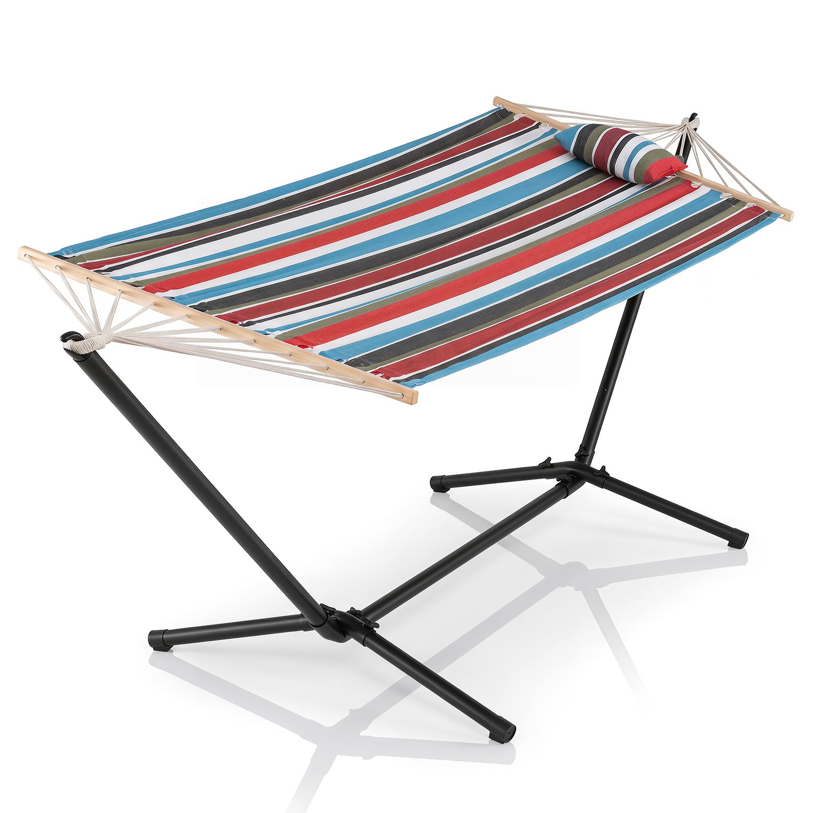 Costway Hangmat met Standaard Stabhangmat met Afneembare Kussen Houten Spreidstokken & Draagtas Campinghangmat tot 200 kg