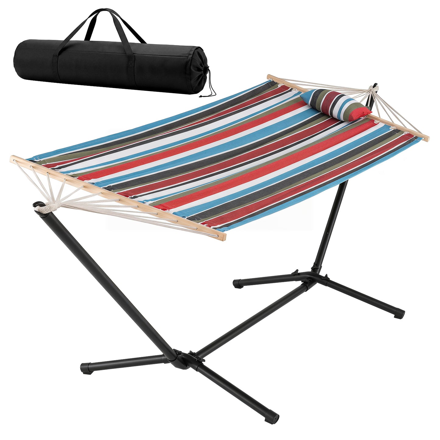 Costway Hangmat met Standaard Stabhangmat met Afneembare Kussen Houten Spreidstokken & Draagtas Campinghangmat tot 200 kg